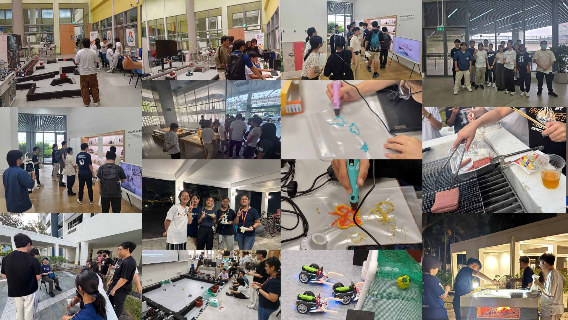 A large, complex photo collage illustrating various aspects of robotics, engineering, and technology education. The panels show students and professionals in diverse workshop and lab settings, engaged in activities such as assembling hardware, programming circuits, testing mechanical components, and collaborating on robotic projects. The overall theme is hands-on STEM learning.